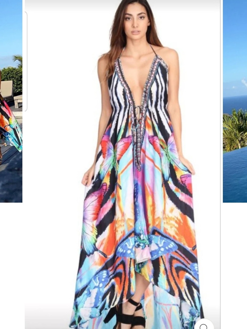 Butterfly Print Halter Rhinestone Swim Coverup Maxi Dress, One Size, OS, Rainbow
